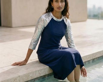Sparkly Silver and Navy Swim Dress: UPF 50+ Sun Protection, Modest Swimwear