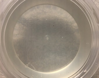 May include: A clear plastic container with a round opening. The container is empty and appears to be made of a thick, durable plastic.