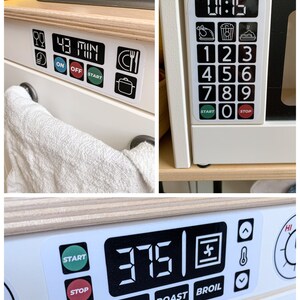 May include: A white toy kitchen oven with black and white control panels. The oven has a digital display that reads "375" and buttons for "Bake", "Roast", and "Broil".