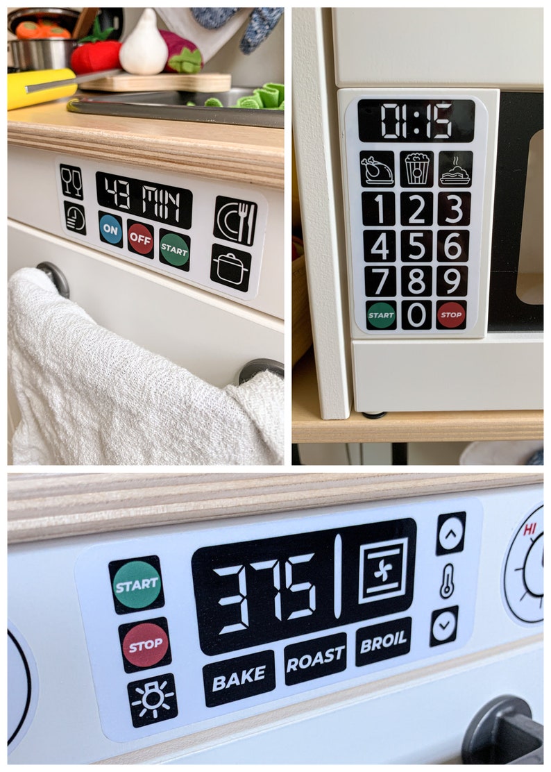 May include: A white toy kitchen oven with black and white control panels. The oven has a digital display that reads "375" and buttons for "Bake", "Roast", and "Broil".