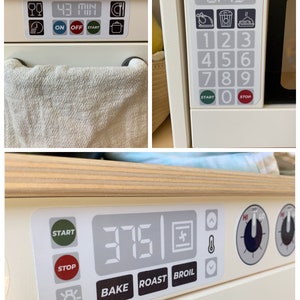 May include: A white toy oven with a digital display showing 375 degrees. The oven has buttons for bake, roast, and broil, as well as a timer and a knob for temperature control.