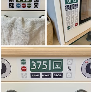 May include: A white toy oven with a digital display showing 375 degrees Fahrenheit. The oven has a timer, a start button, a stop button, and buttons for bake, roast, and broil. The oven also has a knob for temperature control and a knob for timer control.