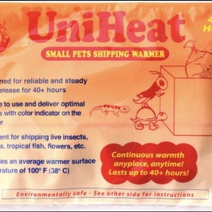 May include: UniHeat small pets shipping warmer. Designed for reliable heat release for 40+ hours. Provides an average warmer surface temperature of 100° F (38° C). Includes illustrations of insects, reptiles, and a turtle.