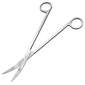 May include: A pair of stainless steel curved scissors with a long handle.
