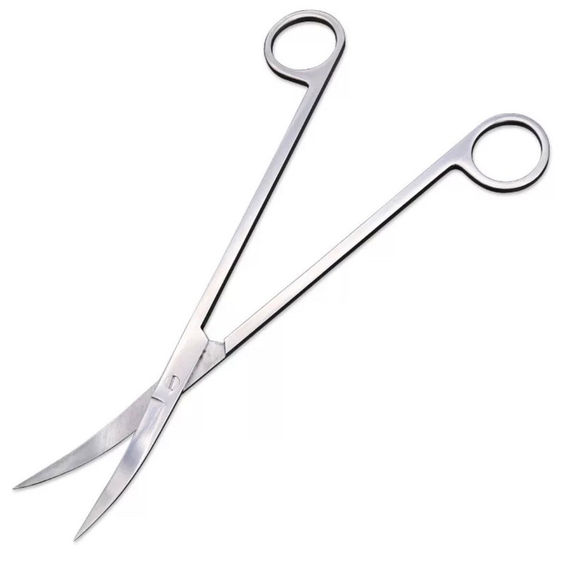 May include: A pair of stainless steel curved scissors with a long handle.