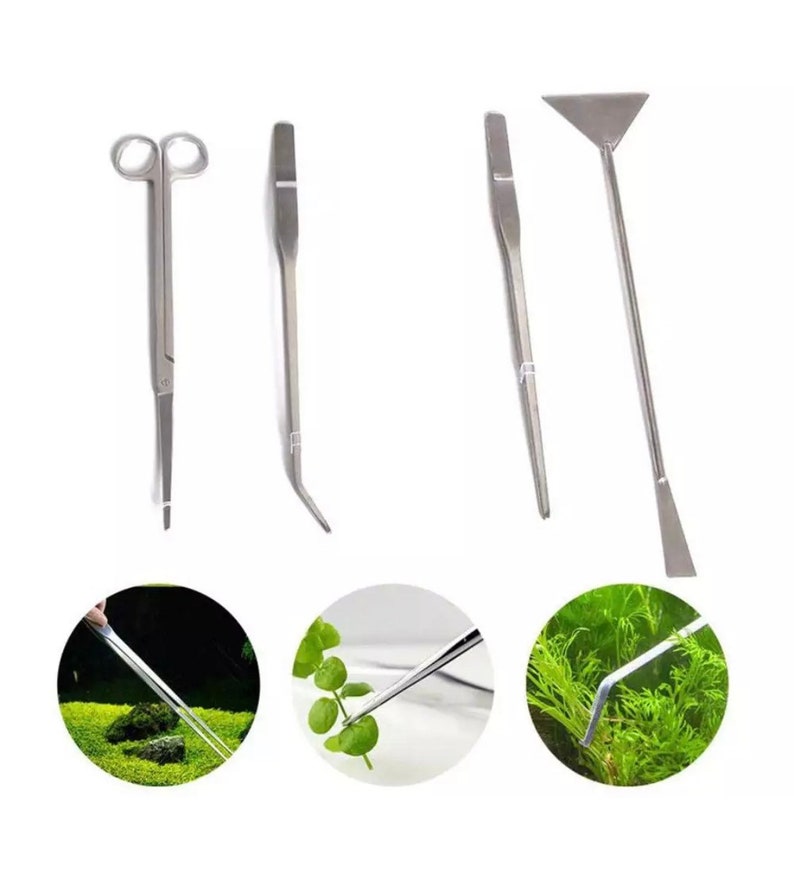 May include: A set of four stainless steel aquarium tools. The tools include a pair of tweezers, a curved pair of tweezers, a straight pair of tweezers, and a scraper. The tools are used for planting, trimming, and cleaning aquariums.