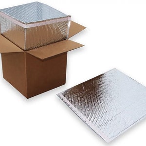 May include: A brown cardboard box with a silver and white insulated liner. The box is open and the liner is visible. There is a separate silver and white insulated liner on a white background.