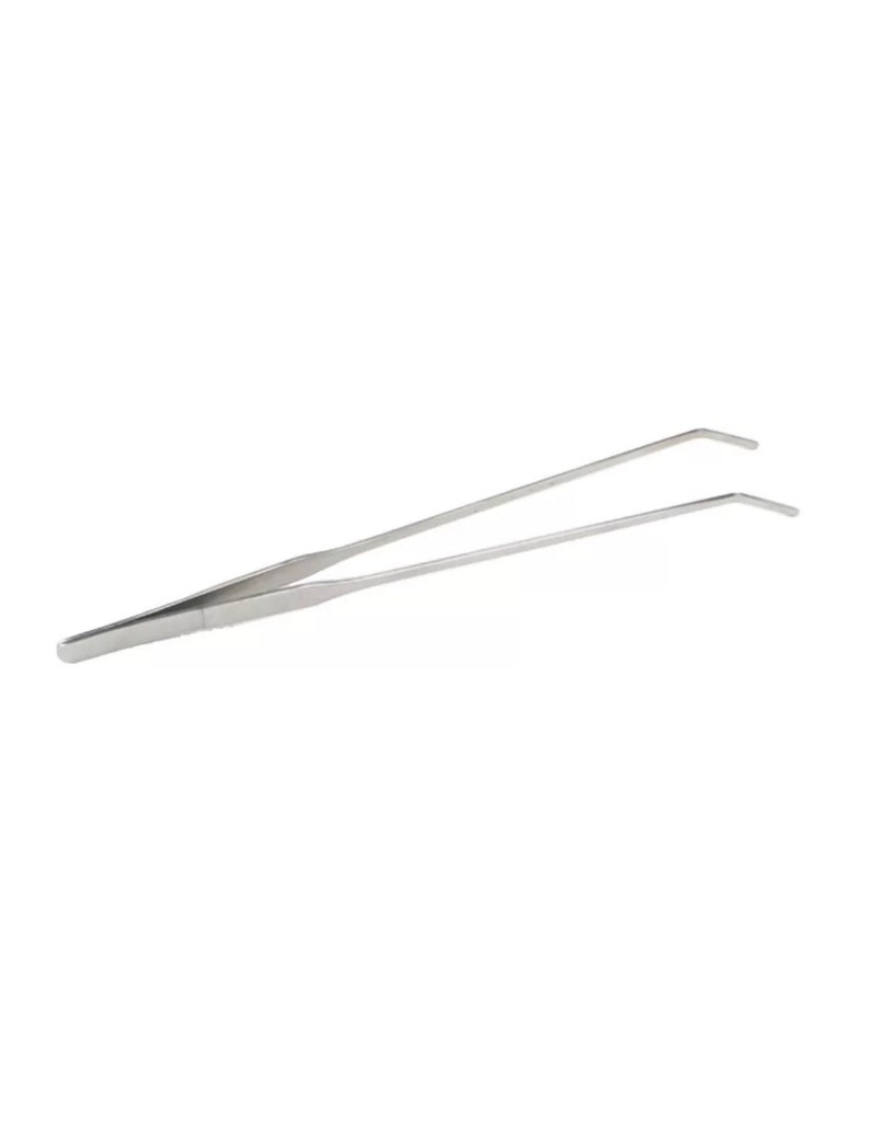 May include: A pair of stainless steel tweezers with curved tips.