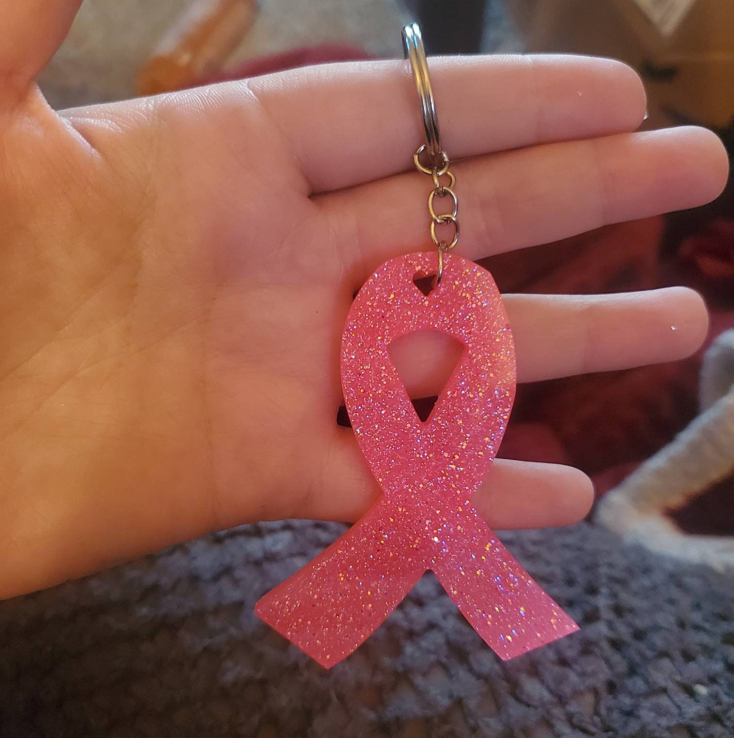 Cancer Ribbon Keychain Glitter Keychain Breast Cancer Etsy