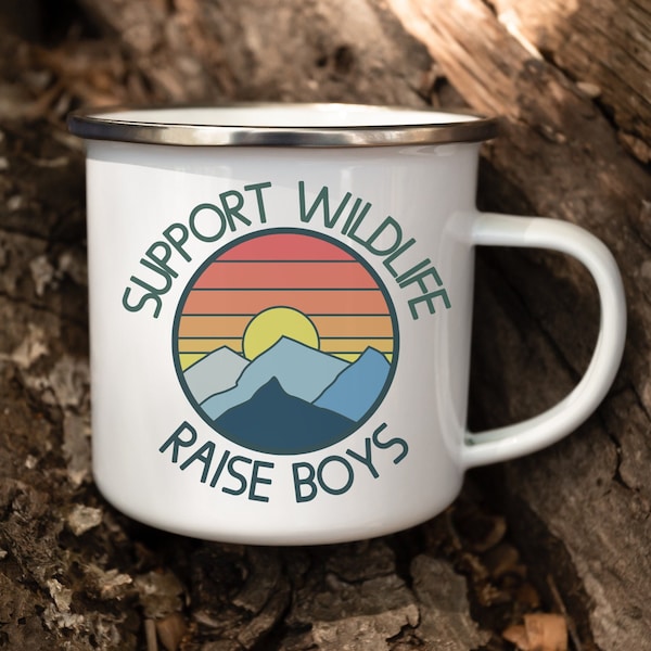 Support Wildlife Raise Boys Funny Mug | Boy Mom and Boy Dad Gift | Wildlife Retro Inspired Insulated and Enamel Mug for Mom and Dad of Boys