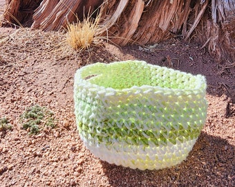 Crochet Bowl Caddy in Green and White Ombre - Snowy Moss Crochet