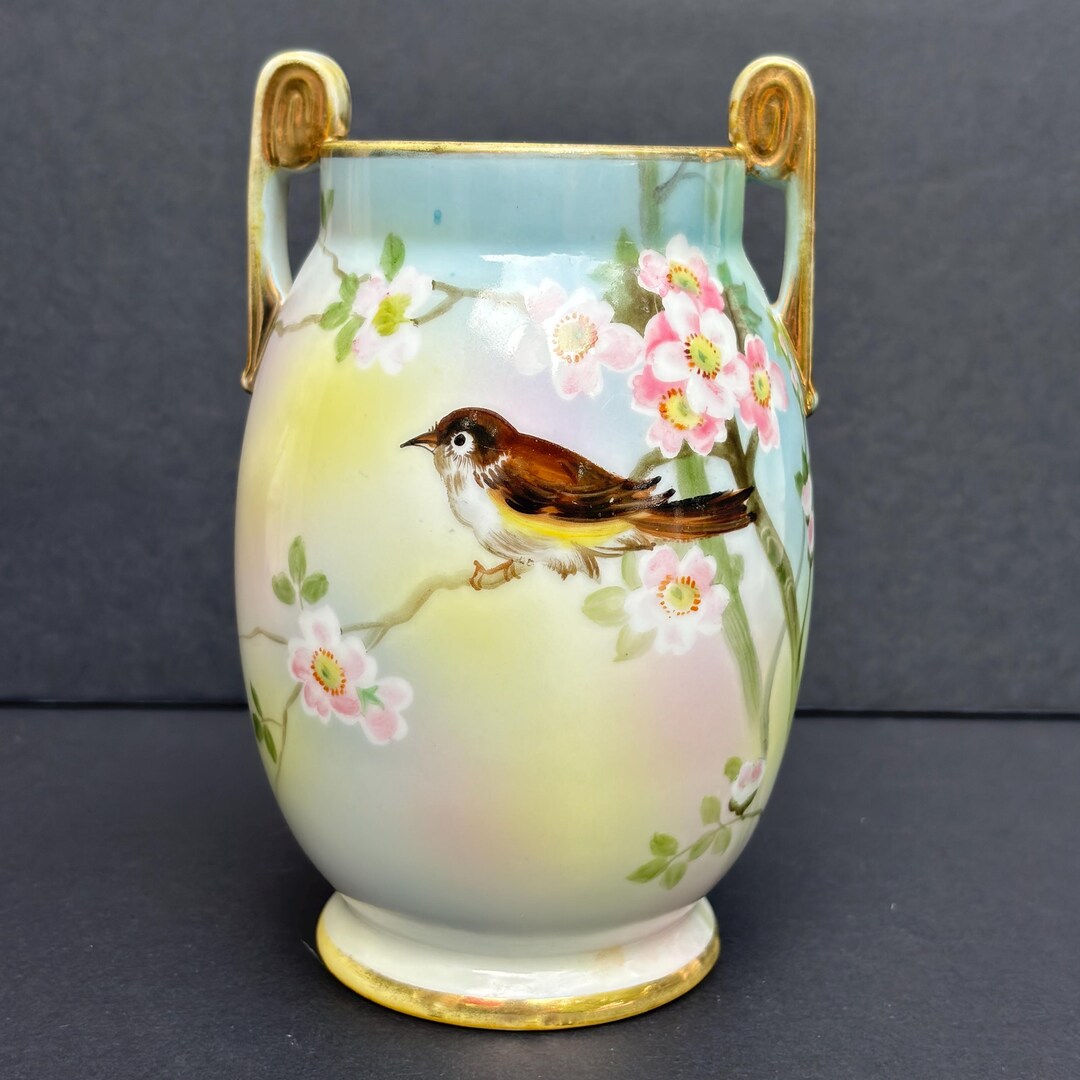 Nippon Hand Painted Vase Bird on Cherry Blossoms Gold Gilt Made in ...
