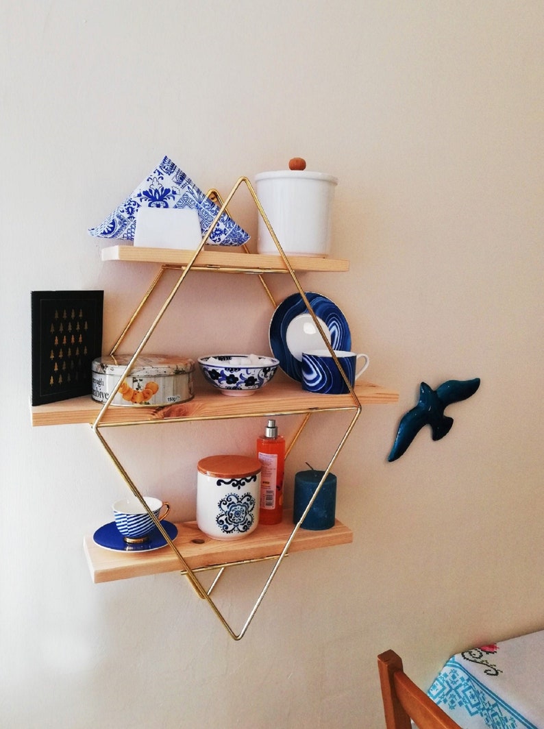 Stylish Gold Prism Wall Shelf & Triangle Stand Shelf Wood Etsy