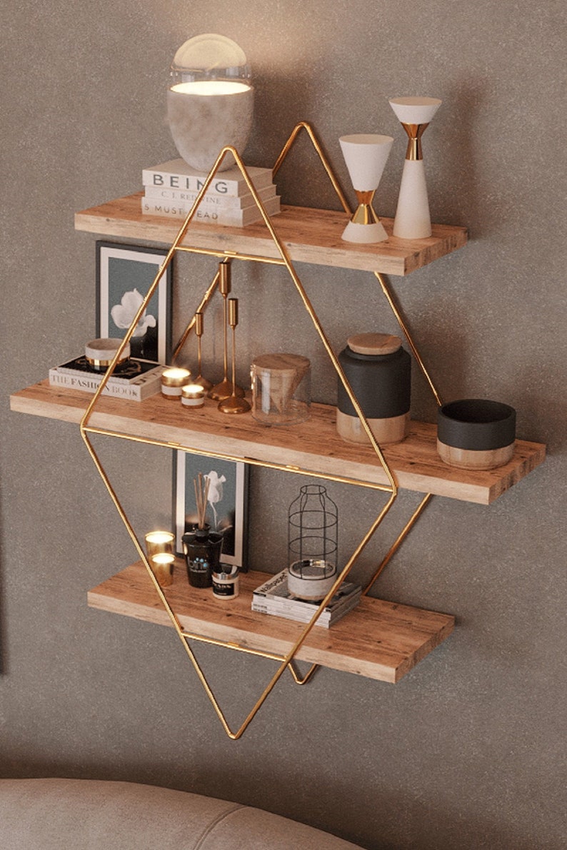 Stylish Gold Prism Wall Shelf & Triangle Stand Shelf Wood Etsy Canada