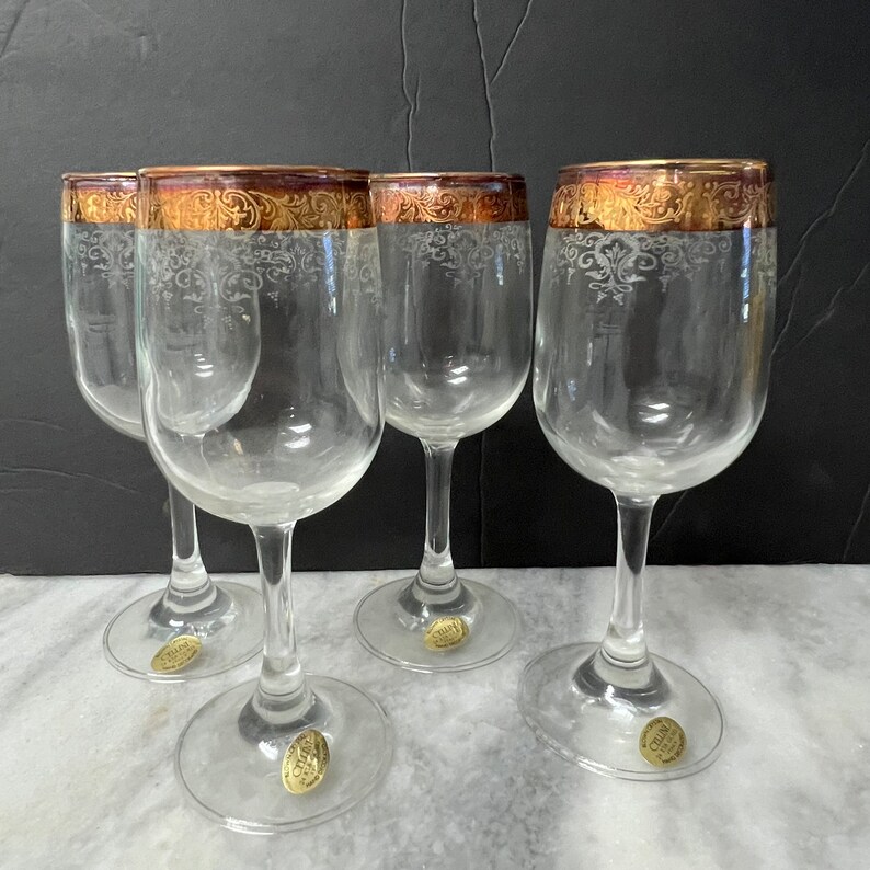 Cellini Italy 24KT Gold Decorated Blown 4 Crystal Wine Glasses Etsy