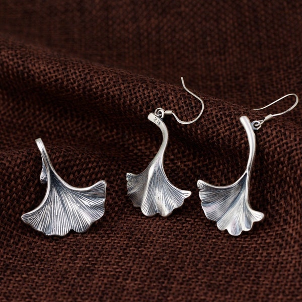 990 Sterling Silver Ginkgo Biloba Necklace Pendant, Ginkgo Leaf Drop Earrings