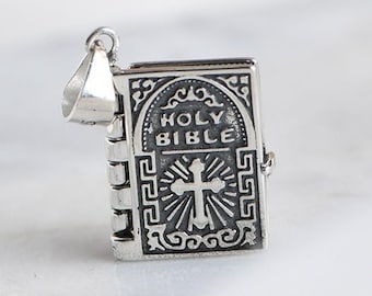 Sterling Silver Bible Necklace Pendant, Holy Bible Pendant Charm, Scripture Pendant Charm, 3 Colors