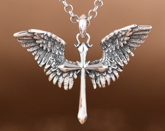 Sterling Silver Wing Pendant Charm, Angel Wing Pendant, Cross Necklace Pendant, Christian Jewelry, Religious Jewelry, Large Wing Pendant