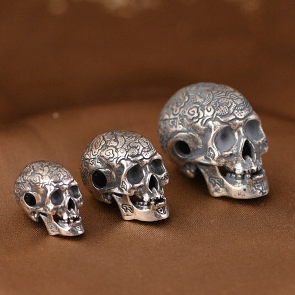 Perles de tête de mort en argent sterling, breloque bracelet tête de mort, breloque pendentif tête de mort, bijoux tête de mort, jour des morts, perles d'Halloween, perles de tête de mort