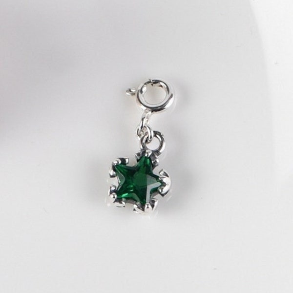 Sterling Silver Star Charm, Vintage Pentagram Green Zircon Charm