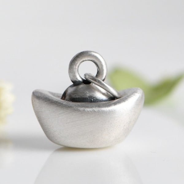 990 Sterling Silver Ingot Necklace Pendant, Chinese Silver Ingot Charm, Money Boat Ingot Charm