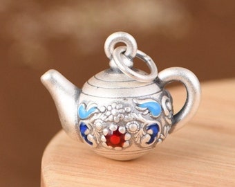 Ciondolo pendente teiera in argento sterling 990, ciondolo piccola teiera, regalo per il tè pomeridiano del Cappellaio Matto per lei, gioielli teiera, ciondolo teiera