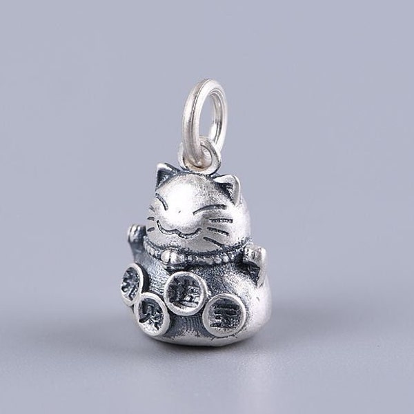 Sterling Silver Lucky Cat Necklace Pendant, Japanese Maneki Neko Pendant Charm