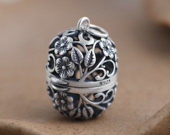 Colgante de medallón de plata esterlina, colgante de collar con caja de oración, medallón de flor de loto