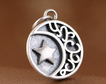 Sterling Silver Medallion Pendant, Star Pendant, Moon Pendant, Round Pendant Charm, Silver Coin Charm, Crescent Moon Pendant