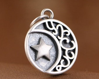 Sterling Silver Medallion Pendant, Star Pendant, Moon Pendant, Round Pendant Charm, Silver Coin Charm, Crescent Moon Pendant