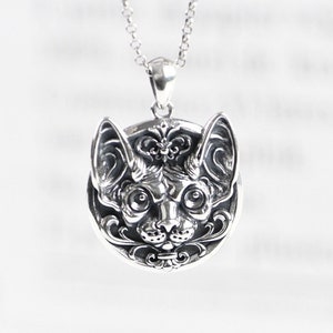 Sterling Silver Sphynx Cat Necklace Pendant, Sphynx Cat Jewelry, Sphynx Statue, Hairless Cat Pendant
