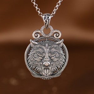 Sterling Silver Howling Wolf Necklace Pendant, Wolf Head Pendant Charm, Wolf Amulet Jewelry, Medallion Pendant