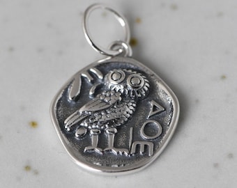 Sterling Silver Greek Pendant, Owl Coin Charm, Athena Owl Pendant, Athena Owl Charm, Athena Necklace Pendant
