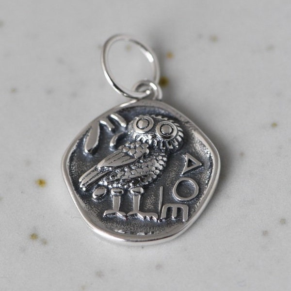 Sterling Silver Greek Pendant, Owl Coin Charm, Athena Owl Pendant, Athena Owl Charm, Athena Necklace Pendant
