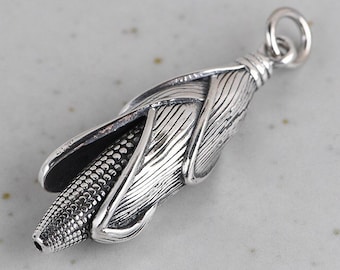 Sterling Silver Corn Necklace Pendant, Corn Pendant Charm, Candy Corn Pendant, Halloween Jewelry, Silver Maize Charm, Corn On The Cob