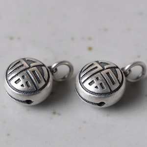 Sterling Silber Glocke Anhänger, Glücksbringer, chinesischer Fu Anhänger, runder Glockenanhänger, Vintage Glockenanhänger, Glockenschmuck, Haustierhalsband Glocken
