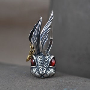 Sterling Silver Rabbit Pendant, Red Eyed Rabbit Charm, Fire Rabbit Charm, Evil Rabbit Pendant, Rabbit Earrings, Bunny Jewelry Set
