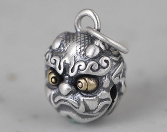 Sterling Silver Guardian Bell Charm: Asian Lion Pendant