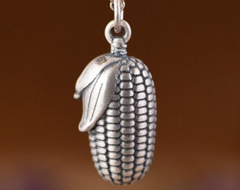 990 Sterling Silver Corn Necklace Pendant, Corn Jewelry, Food Charms, Candy Corn Charms, Halloween Charms, Corn Cob Charm, Food Jewelry