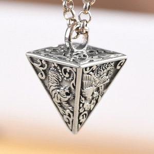Sterling Silver Triangle Pendant, Four Great Beasts Pendant, Pendant Tiger Dragon Tortoise Phoenix, 4 Beasts Asian Mythology