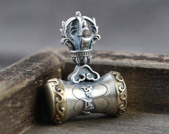 Sterling Silver Buddhist Necklace Pendant, Tibetan Vajra Pendant Charm, Ruyi Charm Pendant