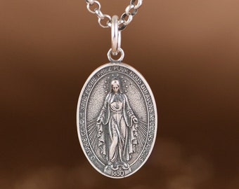 Sterling Silver Virgin Mary Pendant, Virgin Mary Charm, Miraculous Medal, Religious Jewelry, Virgin Mary Medal, Catholic Pendant