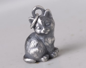 990 Sterling Silver Cat Necklace Charm, Silver Cat Pendant, Cat Jewelry, 3D Kitten Pendant Charm