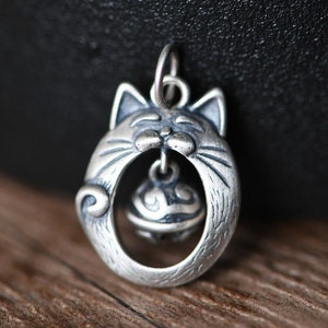 Sterling Silver Cat Bell Pendant Charm, Silver Small Bell Charm, Kawaii Kitten Pendant Charm