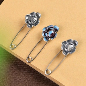 Sterling Silver Peony Flower Safety Pin Charms Pendant,Safety Pin Necklace Bracelet Charm Pendant, Unique Silver Jewelry