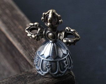 Encanto de campana Vajra Dorje de plata de ley, colgante de campana Vajra, colgante Dorje budista, amuleto tibetano