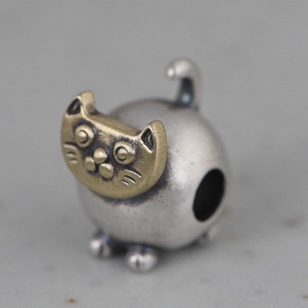 Sterling Silver Little Cat Bracelet Charm, Cat Spacer Bead,Large Hole Beads