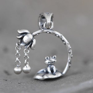 Sterling Silver Frog Necklace Pendant, Frog Pendant Charm, Frog Jewelry, Lily Pad Charm, Frog Under Flower Pendant
