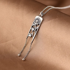 Sterling Silver Long Pendant Charm, Long Tassel Pendant, Peony Flower Charm, Rectangle Pendant
