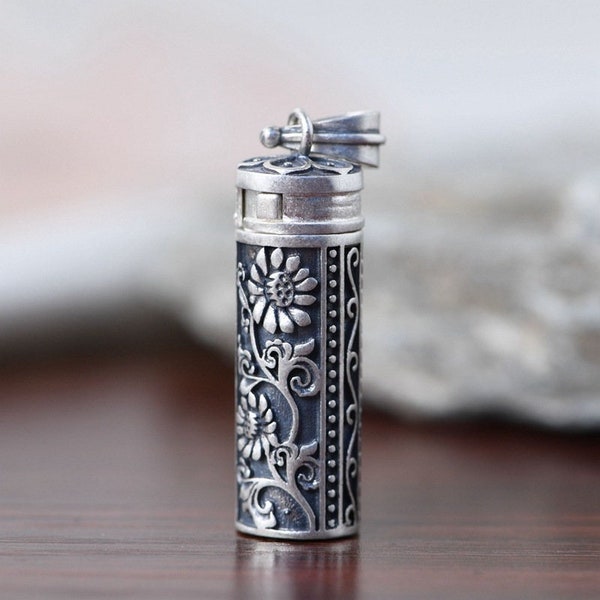 Sterling Silver Prayer Box Pendant, Locket Pendant, Gawu Box Pendant, Flower Locket Pendant, Buddhist Prayer Box, Tibetan Amulet Pendant